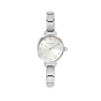 Time Paris Oval Silver Sunray Dial & Silver Charm Bracelet Watch with CZ