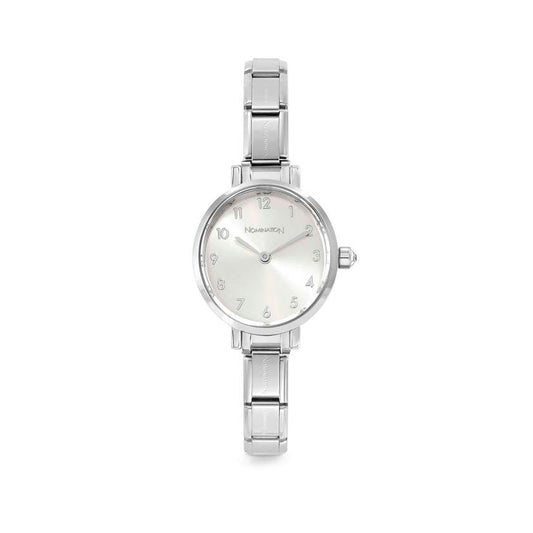 Time Paris Oval Silver Sunray Dial & Silver Charm Bracelet Watch with CZ