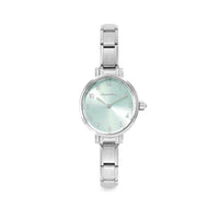 Time Paris Oval Green Water Sunray Dial & Silver Charm Bracelet Watch with CZ