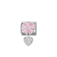 Classic Silver, Enamel and CZ Pink Flower with Heart Flowers & Nature Charms