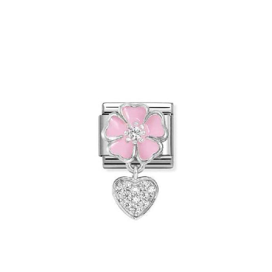 Classic Silver, Enamel and CZ Pink Flower with Heart Flowers & Nature Charms
