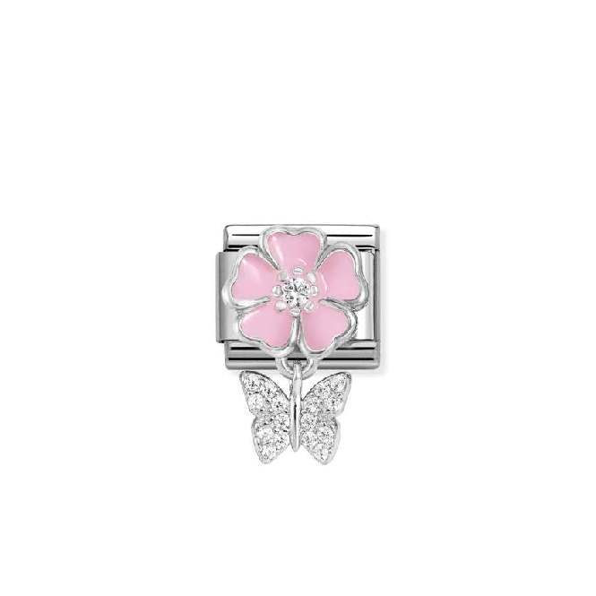 Classic Silver, Enamel and CZ Pink Flower with Butterfly Animals Charms