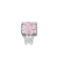 Classic Silver, Enamel and CZ Pink Flower with Butterfly Animals Charms