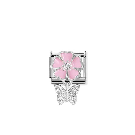 Classic Silver, Enamel and CZ Pink Flower with Butterfly Animals Charms