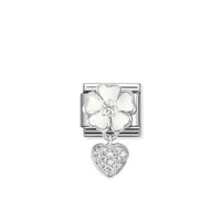 Classic Silver, Enamel and CZ White Flower with Heart Love & Hearts Charms