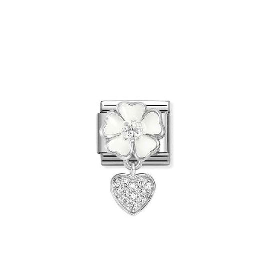 Classic Silver, Enamel and CZ White Flower with Heart Love & Hearts Charms