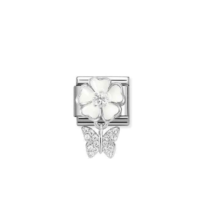 Classic Silver, Enamel and CZ White Flower with Butterfly Animals Charms