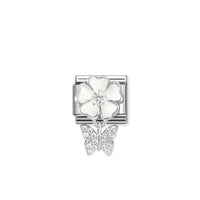 Classic Silver, Enamel and CZ White Flower with Butterfly Animals Charms
