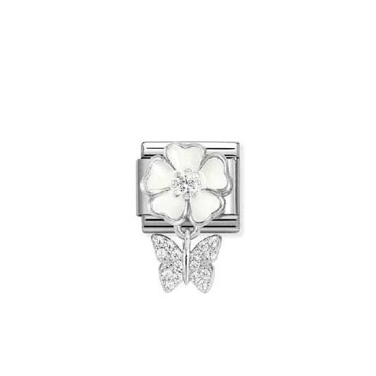 Classic Silver, Enamel and CZ White Flower with Butterfly Animals Charms