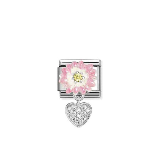Classic Silver, Enamel and CZ Pink Daisy with Dangly Heart Love & Hearts Charms