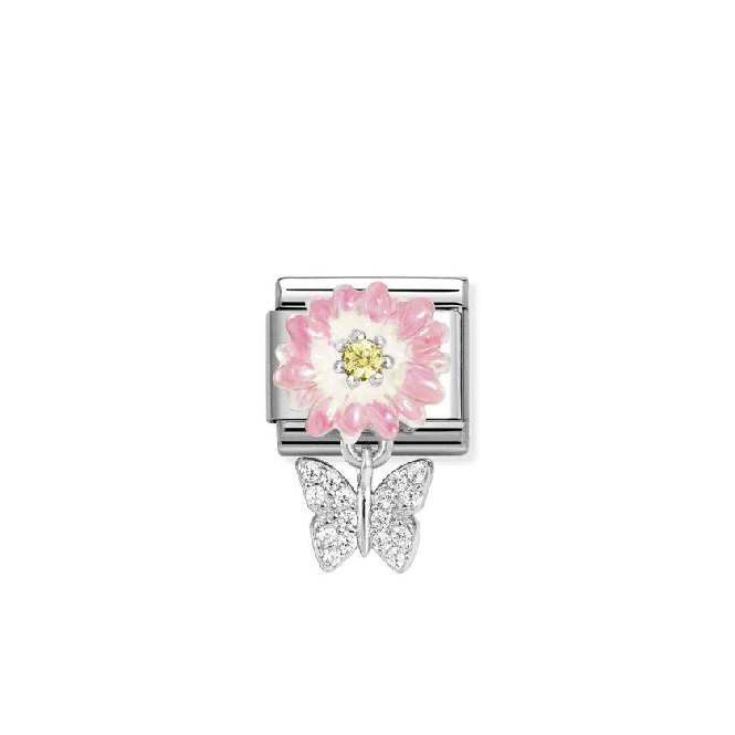 Classic Silver, Enamel and CZ Pink Daisy with Dangly Butterfly Animals Charms