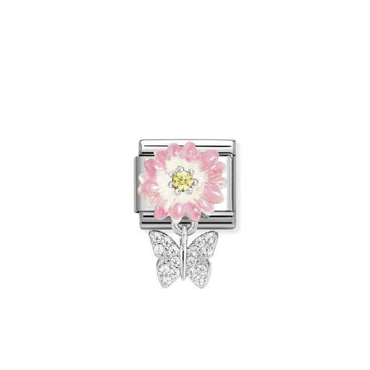 Classic Silver, Enamel and CZ Pink Daisy with Dangly Butterfly Animals Charms