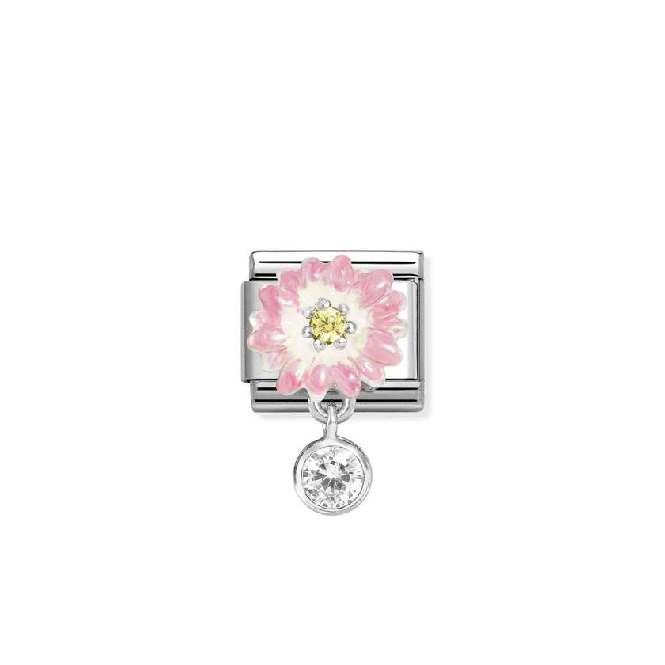 Classic Silver, Enamel and CZ Pink Daisy with Dangly Roundel Flowers & Nature Charms