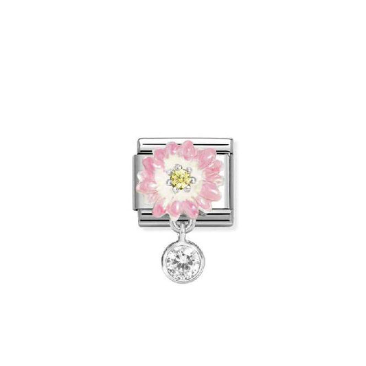Classic Silver, Enamel and CZ Pink Daisy with Dangly Roundel Flowers & Nature Charms