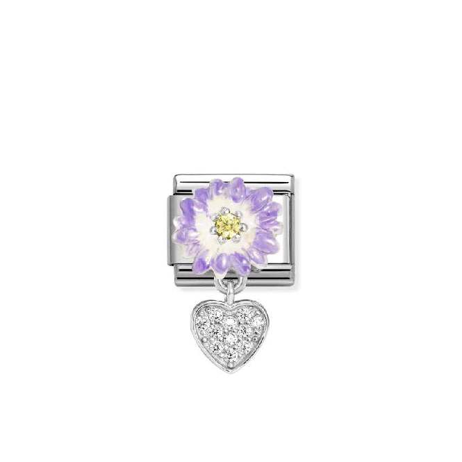 Classic Silver, Enamel and CZ Lilac Daisy with Dangly Heart Love & Hearts Charms