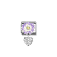 Classic Silver, Enamel and CZ Lilac Daisy with Dangly Heart Love & Hearts Charms