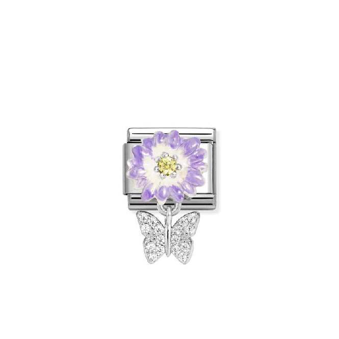 Classic Silver, Enamel and CZ Lilac Daisy with Dangly Butterfly Animals Charms