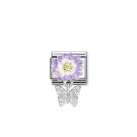 Classic Silver, Enamel and CZ Lilac Daisy with Dangly Butterfly Animals Charms