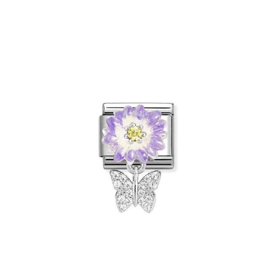 Classic Silver, Enamel and CZ Lilac Daisy with Dangly Butterfly Animals Charms