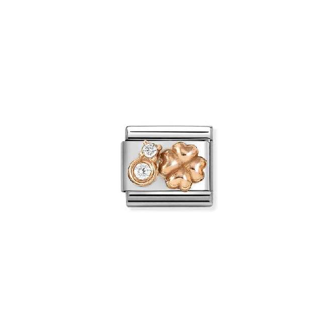 Classic Rose Gold and CZ White Rounded Four-Leaf Clover Flowers & Nature Charms