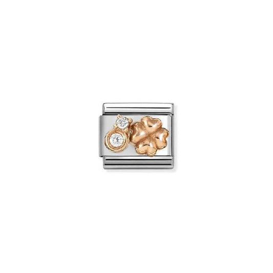 Classic Rose Gold and CZ White Rounded Four-Leaf Clover Flowers & Nature Charms