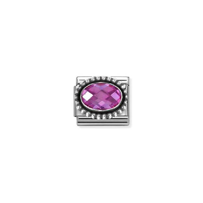 Classic Oxidised Silver and CZ Facetted Rich Fuchsia Beaded Oval Sparkly & Stones Charms