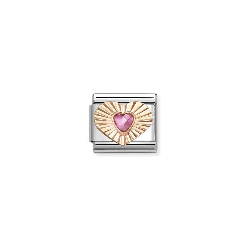 Classic Rose Gold Diamond-Etched Heart with Pink CZ Sparkly & Stones Charms