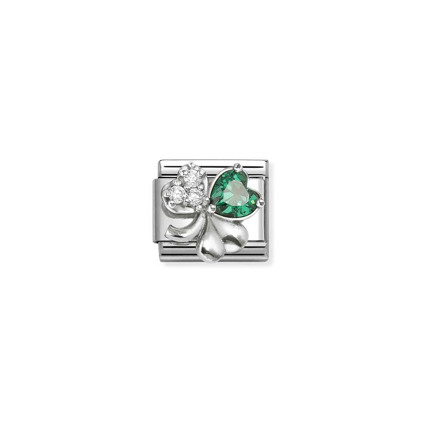 Classic Silver CZ Rich White and Green Clover Sparkly & Stones Charms
