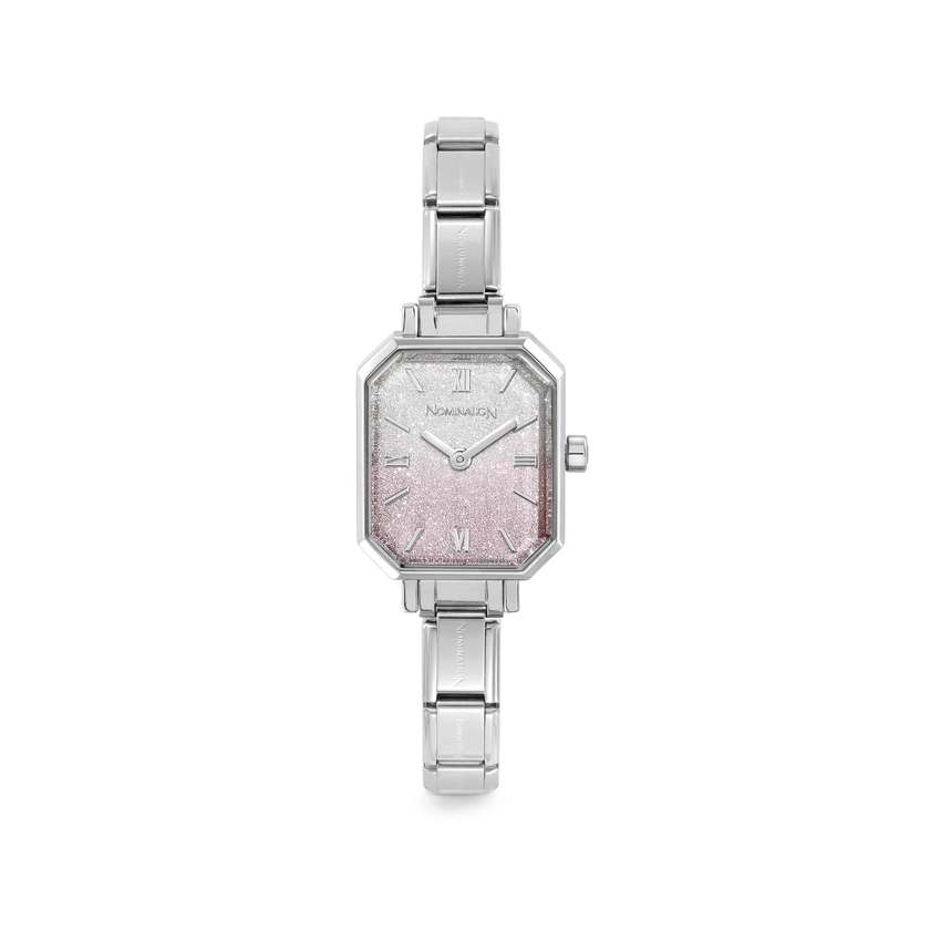Nomination Time Paris Rectangle Pink Glitter Gradient Dial & Silver Charm Bracelet Watch