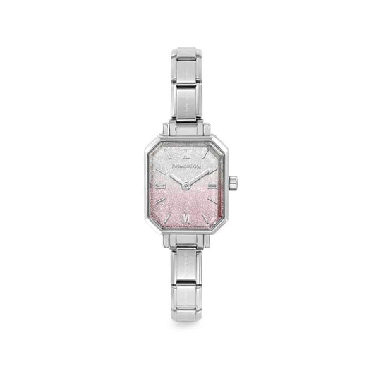 Time Paris Rectangle Pink Glitter Gradient Dial & Silver Charm Bracelet Watch