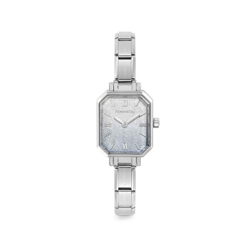 Time Paris Rectangle Light Blue Glitter Gradient Dial & Silver Charm Bracelet Watch