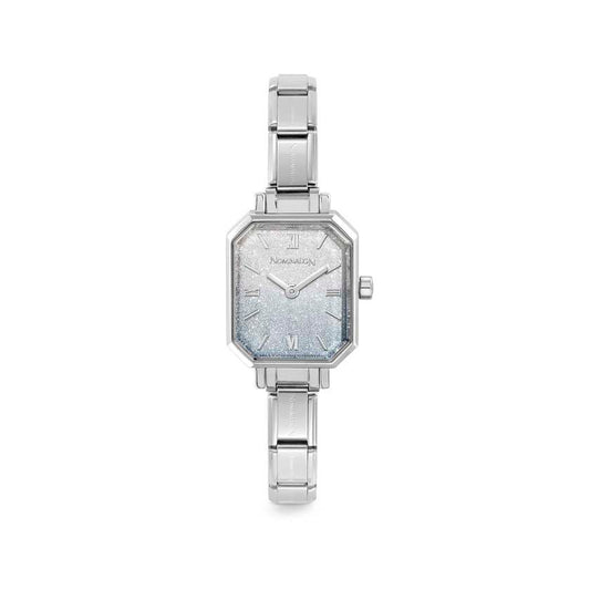 Time Paris Rectangle Light Blue Glitter Gradient Dial & Silver Charm Bracelet Watch