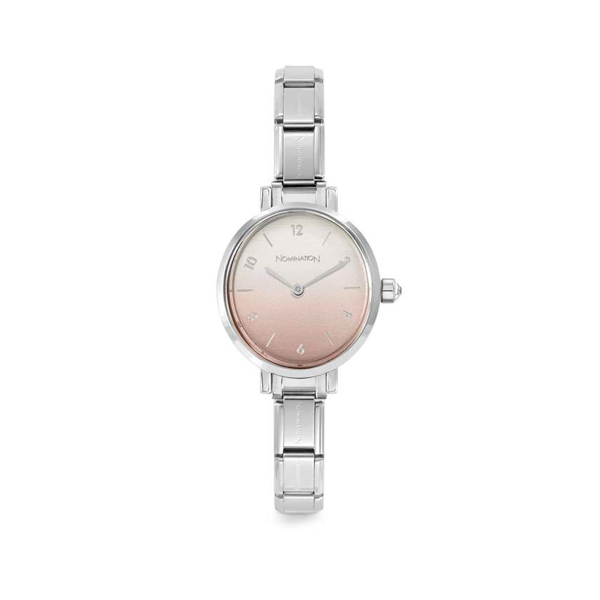 Time Paris Oval Pink Dial & Silver Charm Bracelet Watch with CZ