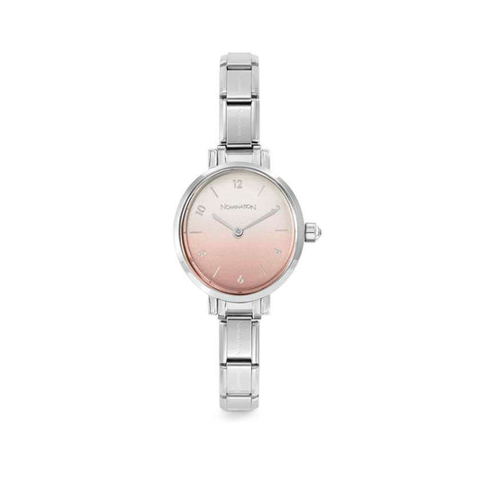 Time Paris Oval Pink Dial & Silver Charm Bracelet Watch with CZ
