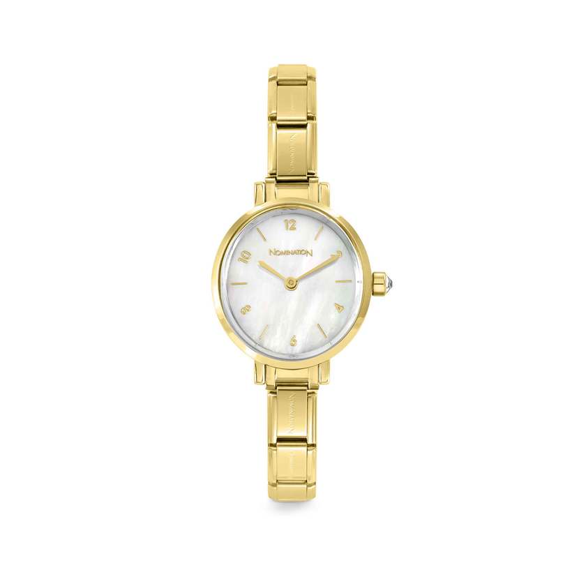 Time Paris Oval Mother of Pearl & Gold Charm Bracelet Watch with CZ
