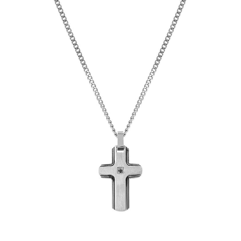 Strong Diamond Geometric Necklace in Silver & Black Diamond Cross