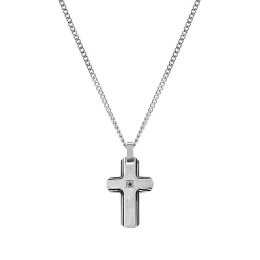 Strong Diamond Geometric Necklace in Silver & Black Diamond Cross