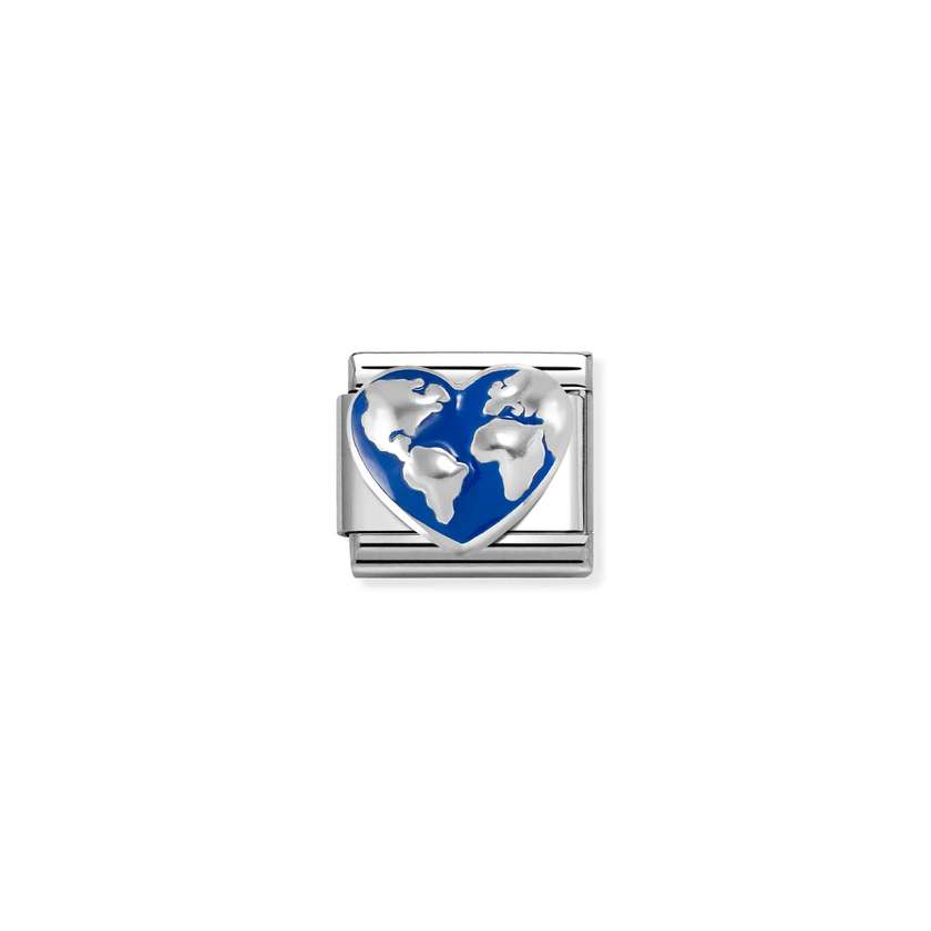 Nomination Classic Silver and Enamel Blue Heart Globe Travel & Flag Charms