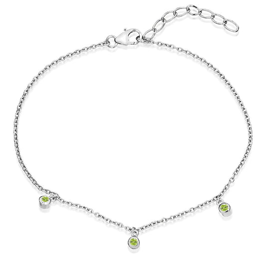 Silver and Peridot Green CZ Triple Stone August Birthstone Bracelet