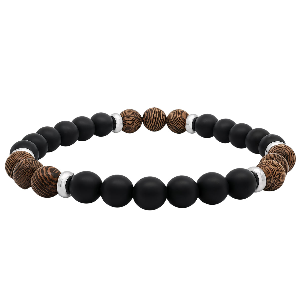 Grace & Co Men's Black Onyx and Wood Beaded Bracelet, 22cm