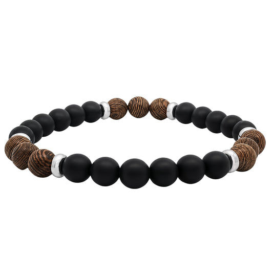 Men's Black Onyx and Wood Beaded Bracelet, 22cm