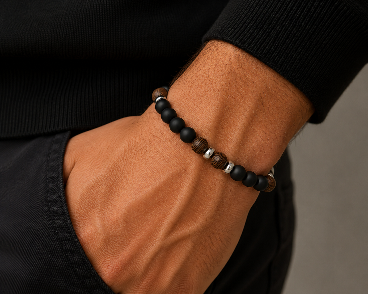 Grace & Co Men's Black Onyx and Wood Beaded Bracelet, 22cm