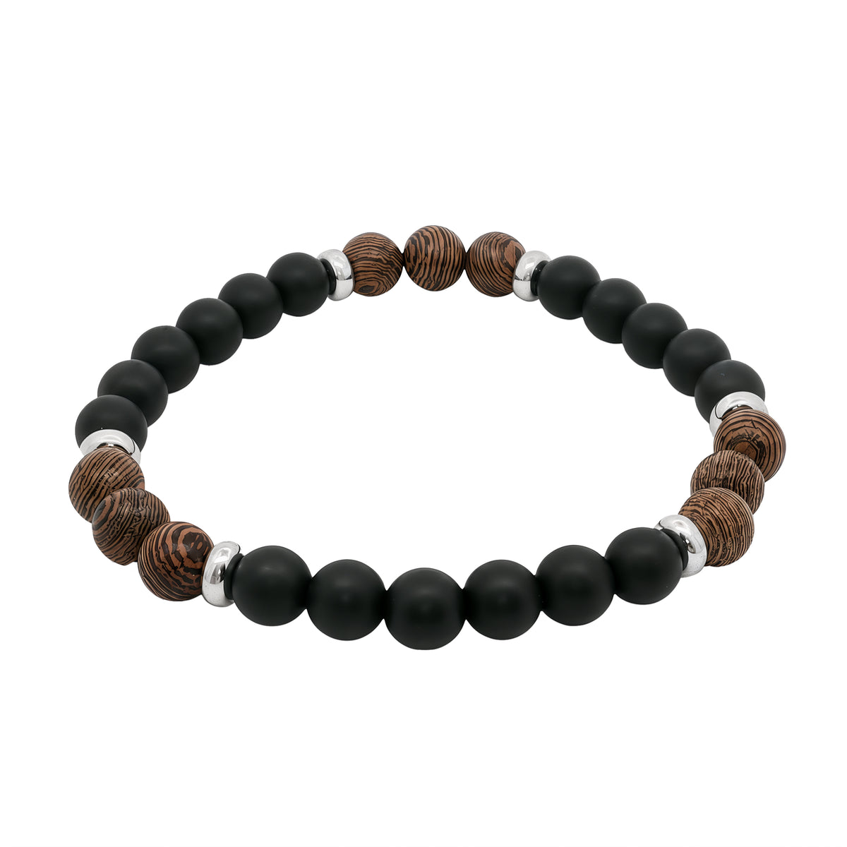 Grace & Co Men's Black Onyx and Wood Beaded Bracelet, 22cm