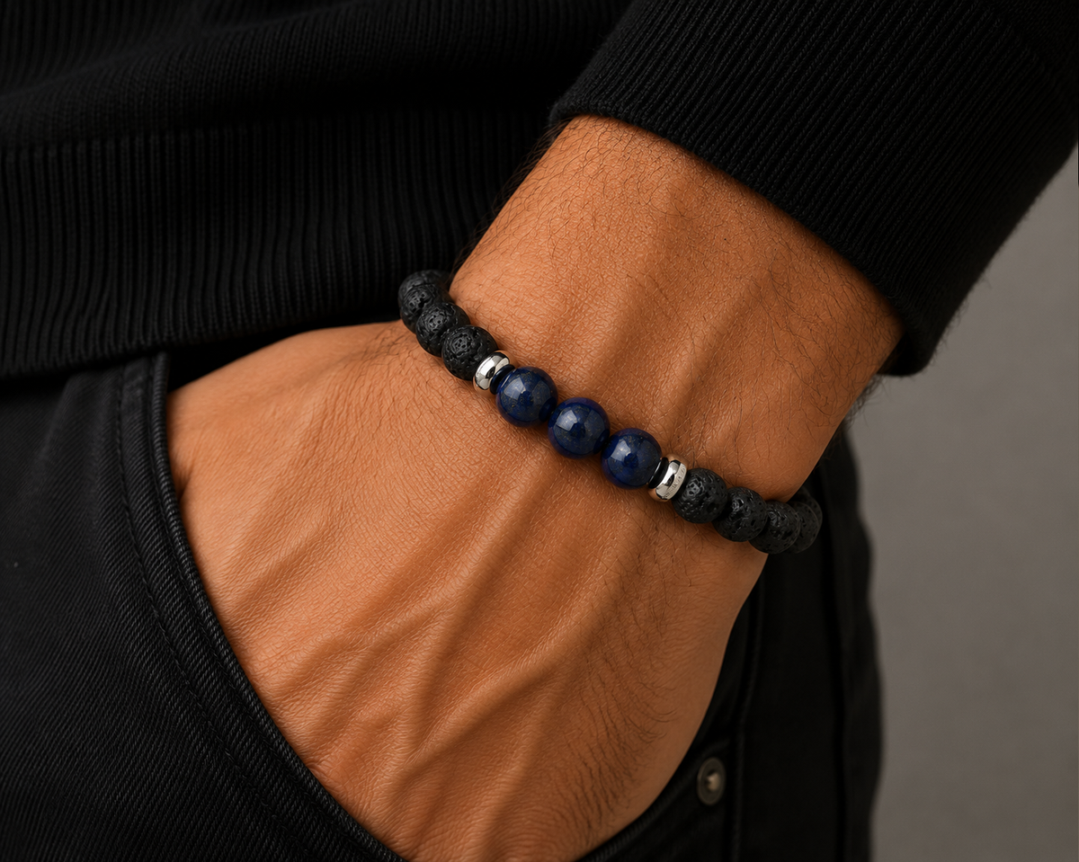 Men's Blue Lapis and Lava Beaded Bracelet, 22cm