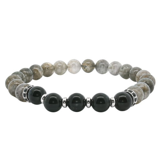 Men's Grey Stone & Black Beaded Bracelet with Black CZ Spacers, 22cm