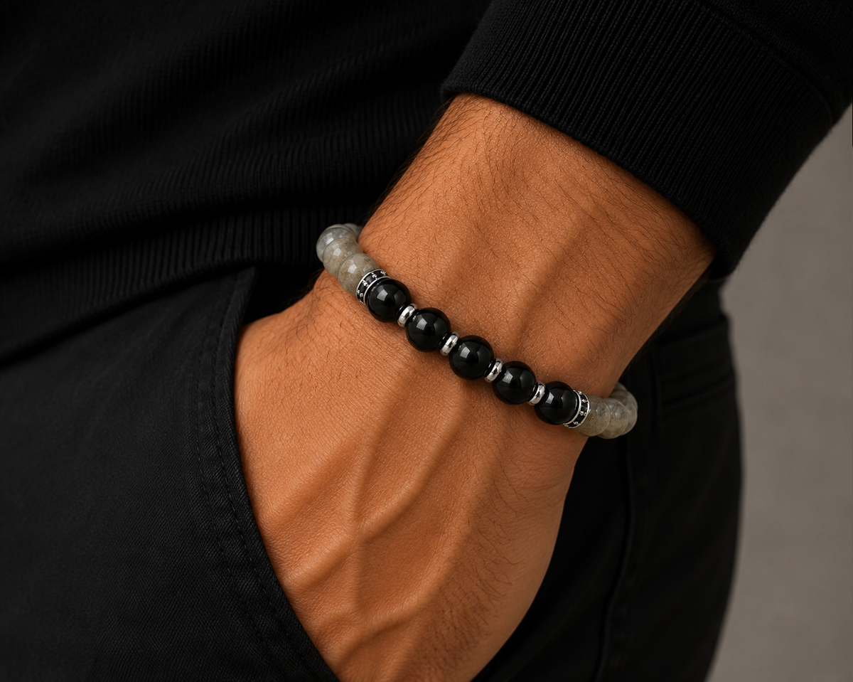 Men's Grey Stone & Black Beaded Bracelet with Black CZ Spacers, 22cm