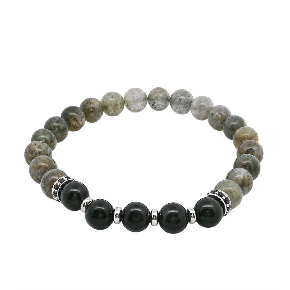 Grace & Co Men's Grey Stone & Black Beaded Bracelet with Black CZ Spacers, 22cm