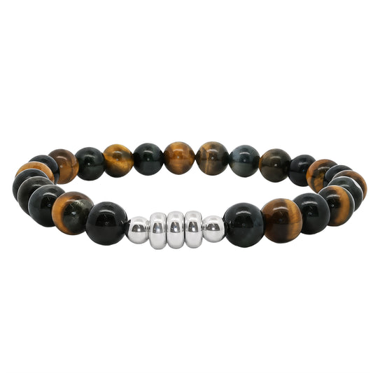 Men's Black and Brown Tiger Eye Beaded Bracelet with Silver Centre Piece, 22cm