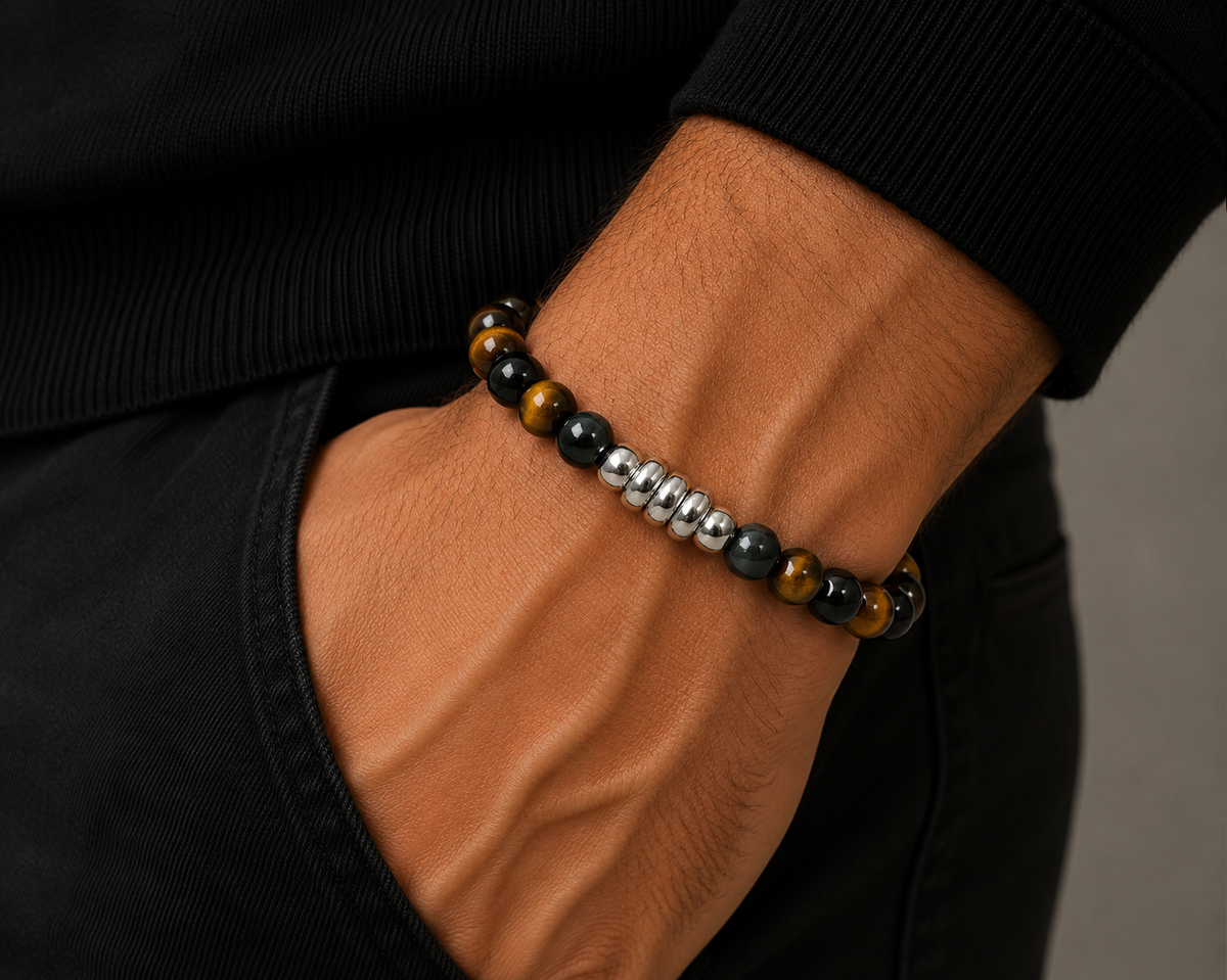 Men's Black and Brown Tiger Eye Beaded Bracelet with Silver Centre Piece, 22cm