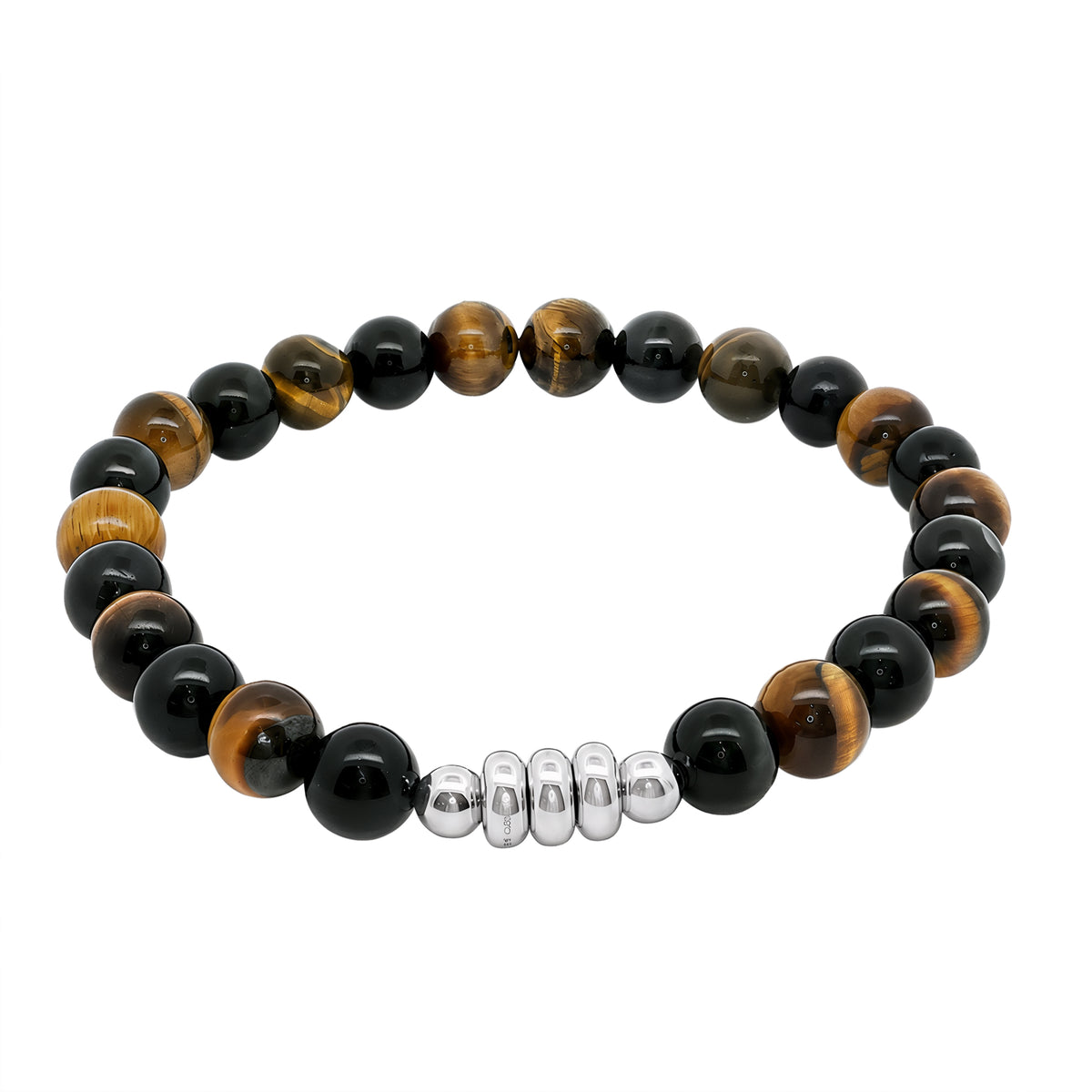 Grace & Co Men's Black and Brown Tiger Eye Beaded Bracelet with Silver Centre Piece, 22cm